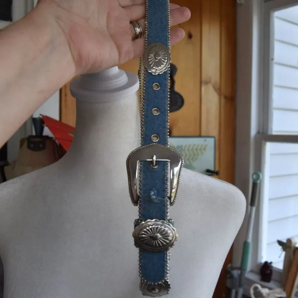 Vintage Y2K Denim Concho Belt Western Silver Studded XS S